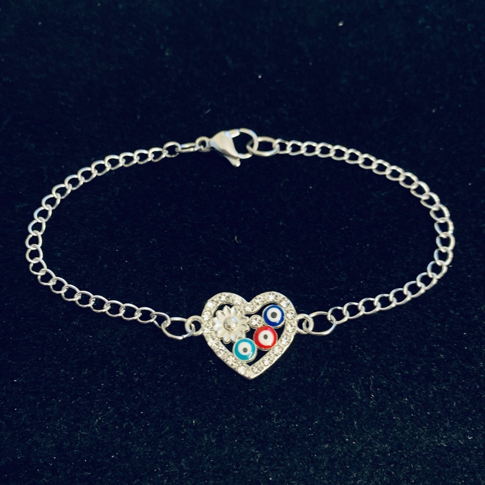 Rhinestone Heart multi colored evil Eye chain bracelet or anklet